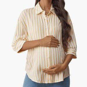 MakeMeChic Women's Maternity Shirts Blouses Striped Button Down 3/4 Sleeve Shirt